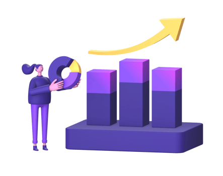 purple illustration icon of 3D character holding pie chart infographic statistics with bar chart growth for UI UX design png