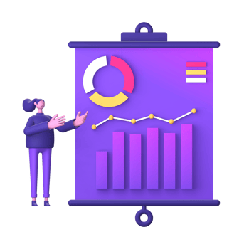 purple illustration icon of 3D character with business infographic statistics growth presentation for UI UX social media design png