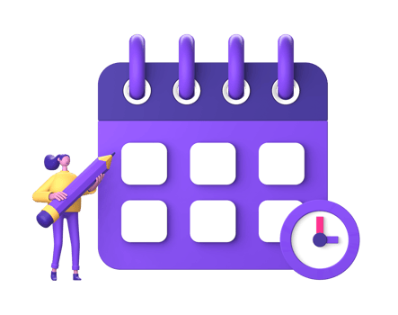 purple illustration icon of 3D character holding pencil with calendar date and clock time for UI UX design png