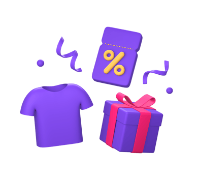 3d purple illustration icon of online shopping with discount percentage promo coupon and a gift outfit png