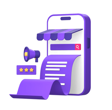3d purple illustration icon of smartphone for online shopping store bill with loudspeaker and review stars png