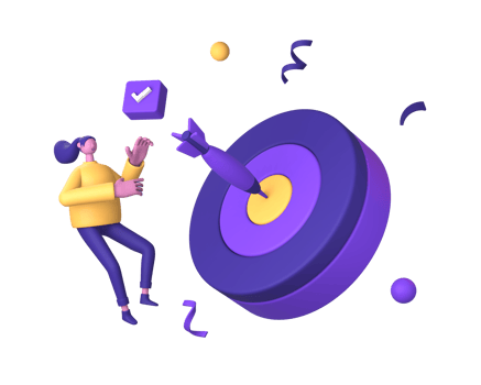 3d purple illustration icon of character with bullseye dartboard target and checklist for UI UX social media ads design png