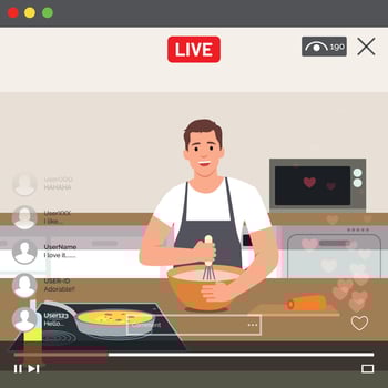 Happy man cooking dishes in the kitchen on a live stream. vector