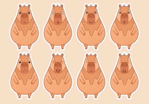 Cute capybara with different emotions. Emoji cartoon character. Capybara stickers emoticons. Vector illustration