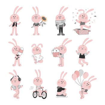 Set of funny pink bunnies isolated on a white background. Vector illustration of animals, hares.