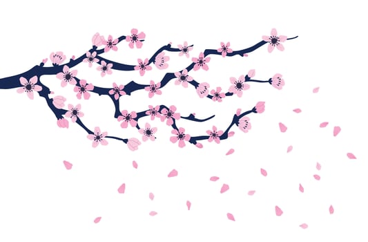 Cartoon Color Blooming Sakura Branch with Flowers. Vector
