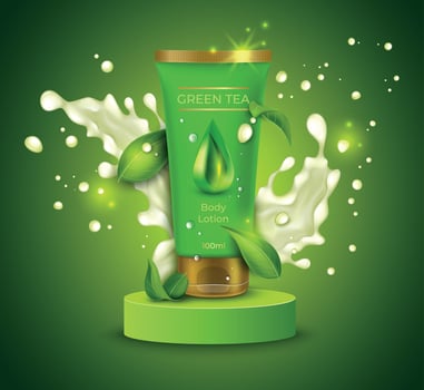 Realistic Detailed 3d Body Lotion with Green Tea Leaves Concept Background. Vector