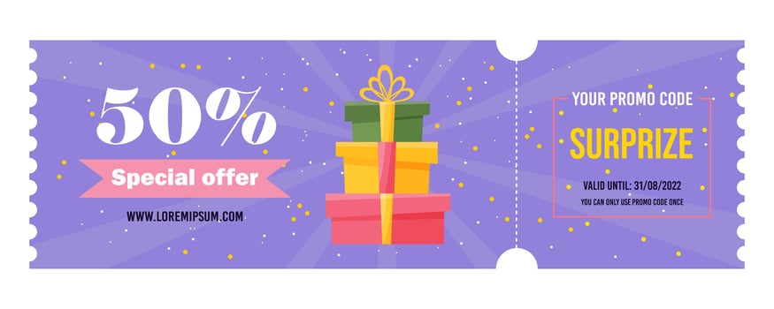 Gift voucher for birthday. Coupon certificate for a discount with a promo code. eGift card background for online shopping vector