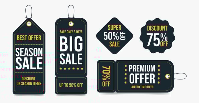 Big black set of sales tags. Season sale, premium offer labels collection vector