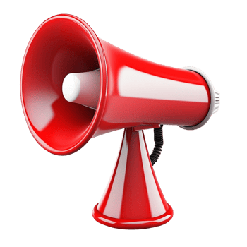 3d render red loudspeaker warning icon. Megaphone speaker announce symbol png