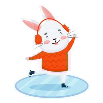 gray rabbit skates in winter against. Happy bunny in fur ears on ice. Vector animal character in cartoon style isolated on white background