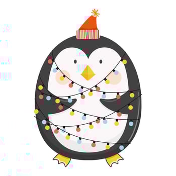 Cute penguin is wrapped in garland with multicolor lights vector