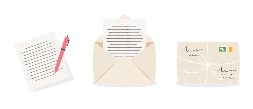 Sending envelope with letter. Envelope with stamps, written paper letter. Mail delivery vector