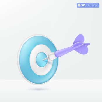 Dart arrow violet hit center. Target customer Cartoon pastel Minimal style. You can used for attraction campaign, accurate promo, print ad., Business, finance, ux, ui. 3D vector illustration design.