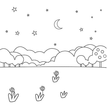 a coloring page with a night sky and trees vector