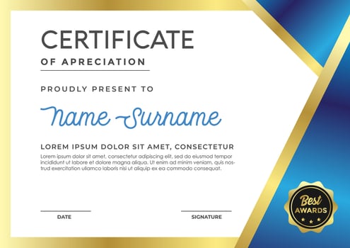Elegant blue and gold certificate template, appreciation for business and education vector