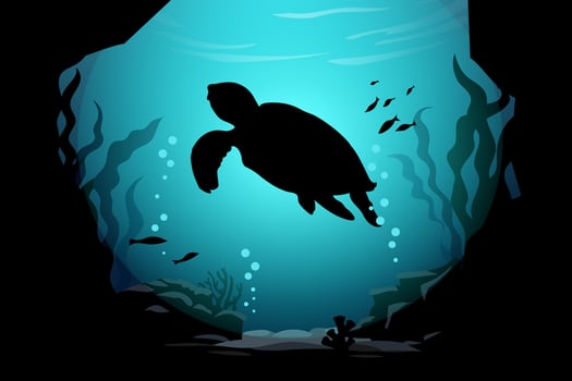 A sea turtle swimming under a seaweed cave vector