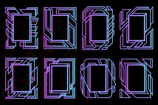 Abstract high tech frames. Rectangle technological neon frames set with blue and purple gradient. Sci fi cyberspace futuristic border panels. vector
