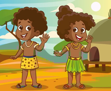 Vector illustration of a boy and girl dressed in traditional african clothes.Cute African American girl and boy. Vector illustration isolated on white background.