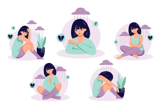 Depression concept. Mental illness female flat character vector illustration