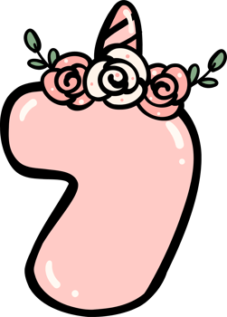 unicorn number 7 birthday illustration doodle outline. png