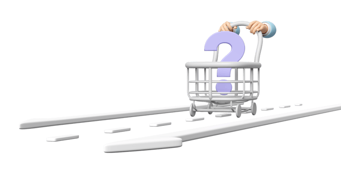 3d hand pushing a shopping carts with question mark symbol isolated. purchase target concept, 3d render illustration png
