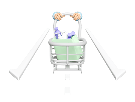 3d hand pushing a shopping cart  with shopping paper bags, miscellaneous isolated. purchase target concept, 3d render illustration png