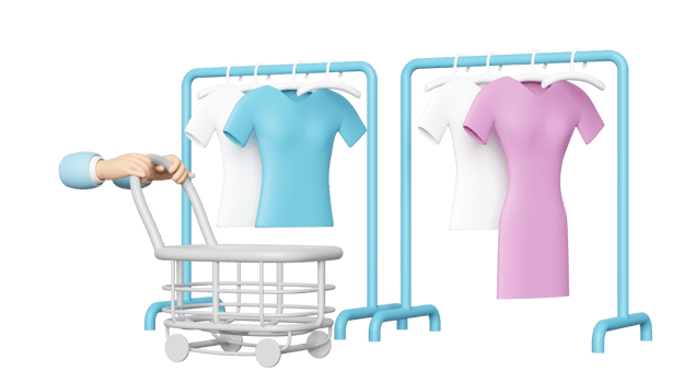 hand pushing a shopping carts empty with coat rack, shirt, hanger isolated. 3d render illustration png