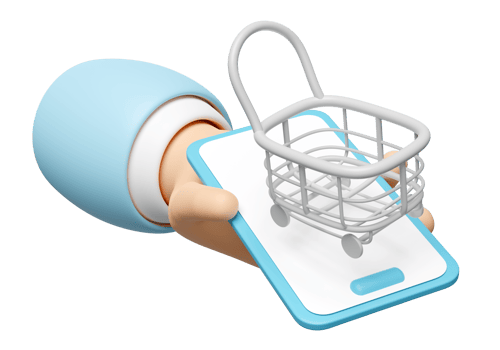 3d hand holding smartphone with shopping carts, basket isolated. online shopping concept, 3d render illustration png
