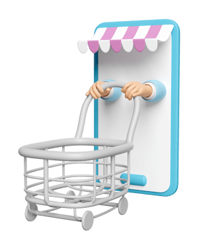 3d mobile phone, smartphone with store front, hand pushing a shopping carts isolated. online shopping, concept, 3d render illustration png