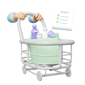 hand pushing a shopping cart with  checklist, shopping paper bags miscellaneous isolated. 3d illustration render png