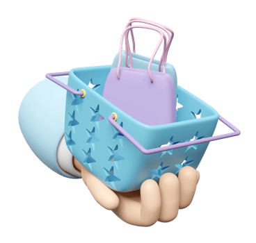 cartoon hands holding basket with  shopping paper bags isolated. 3d illustration render png