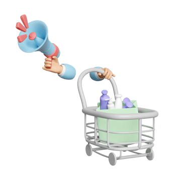 3d hand pushing a shopping cart  with shopping paper bags, miscellaneous, hands holding megaphone isolated. purchase target, marketing promotion concept, 3d render illustration png