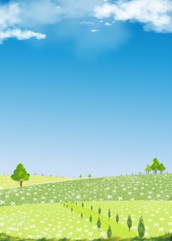 Spring Background,Mountain Landscape with Daisy Flowers Field,Blue Sky,Clouds,Panorama Summer rural nature in with green grass land on hill.Cartoon Vector illustration backdrop for Nature banner