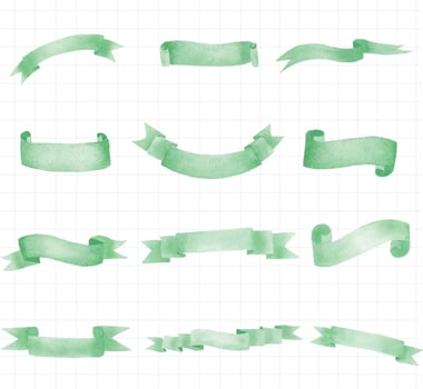 watercolor ribbon set, green, on white background vector