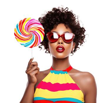 Beautiful Woman Eating Big Pink Lollipop isolated. png