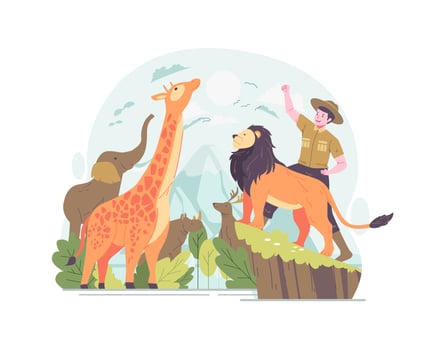 World Animal Day Illustration. A Male Zoo Keeper With Animals Celebrates World Animal Day. World Wildlife Day vector