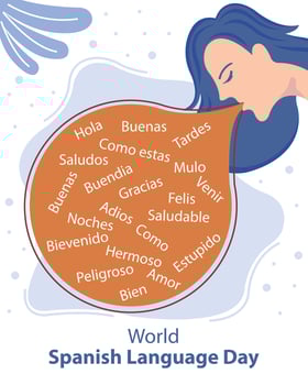 illustration vector graphic of a woman pops out a speech bubble filled with spanish, perfect for international day, world spanish language day, celebrate, greeting card, etc.