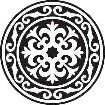 Vector black monochrome round Kazakh national ornament. Ethnic pattern of the peoples of the Great Steppe, .Mongols, Kyrgyz, Kalmyks, Buryats. circle, frame border