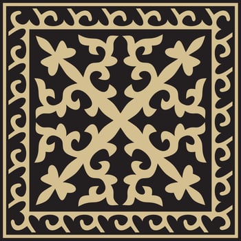 Vector golden with black Square Kazakh national ornament. Ethnic pattern of the peoples of the Great Steppe, .Mongols, Kyrgyz, Kalmyks, Buryats