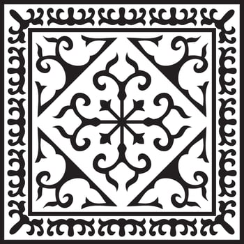 Vector black monochrome square Kazakh national ornament. Ethnic pattern of the peoples of the Great Steppe, Mongols, Kyrgyz, Kalmyks, Buryats