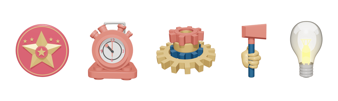 3D icon labor day collection rendered isolated on the transparent background. Labor day badge, factory clock, industrial gear, hand holding hammer, and factory light bulb object for your design. png