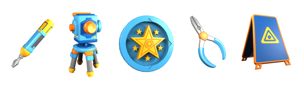 3D icon labor day collection rendered isolated on the transparent background. screwdriver, theodolite, labor day badge, pliers, and safety warning sign object for your design. png