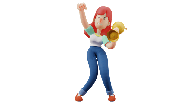 3D Illustration. Achievement Women 3D Cartoon Character. The young girl lifted the golden cup. The great girl who won a competition and brought a trophy with pride. 3D cartoon character png