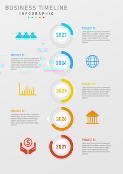 infographic template timeline 5 years vertical gray circles with multi colored circles segmented left and right There are letters and icons. gray gradient background Design for planning, product vector