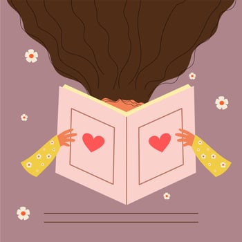 Reading book. Young women with long hair is open a huge book and enjoy it. Flat illustration, education concept. vector