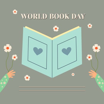 World book day greeting banner with open book and hands holding flower. Education flat vector illustration.