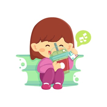 Cute little girl having a casual conversation with a friend on the phone over coffee vector