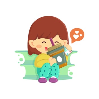 Cute little girl having a casual conversation with a friend on the phone over coffee vector
