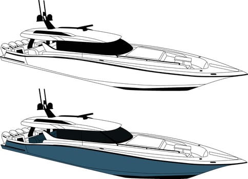 Yacht vector, Boat vector, Fishing boat vector line art illustration and one color.